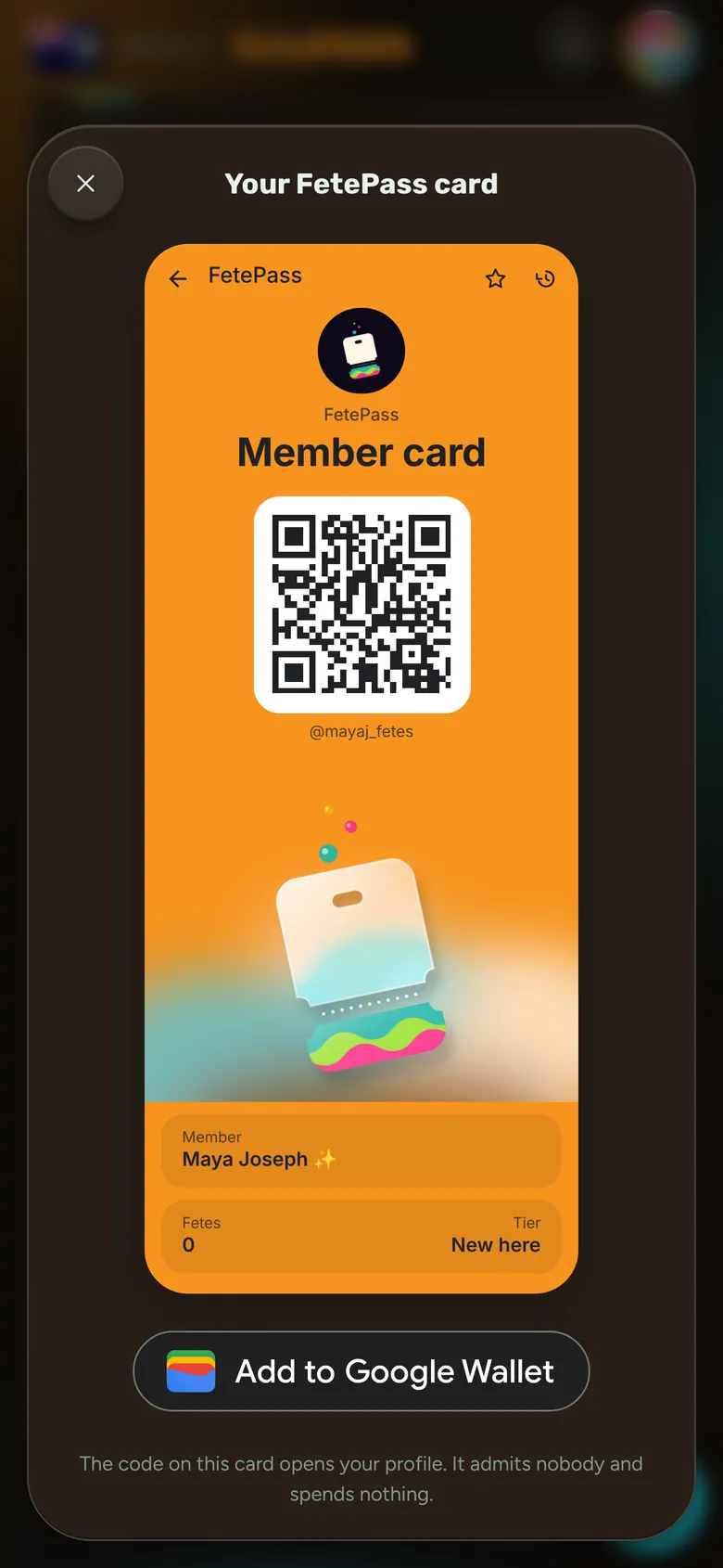 The FetePass card with its QR code and an Add to Google Wallet button.